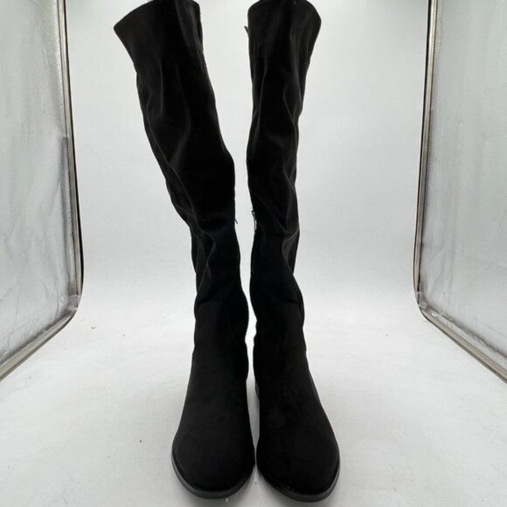 FSJ Black Knee High Collar Stacked Chunky Closed Toe Faux Suede Wide Calf Shoes